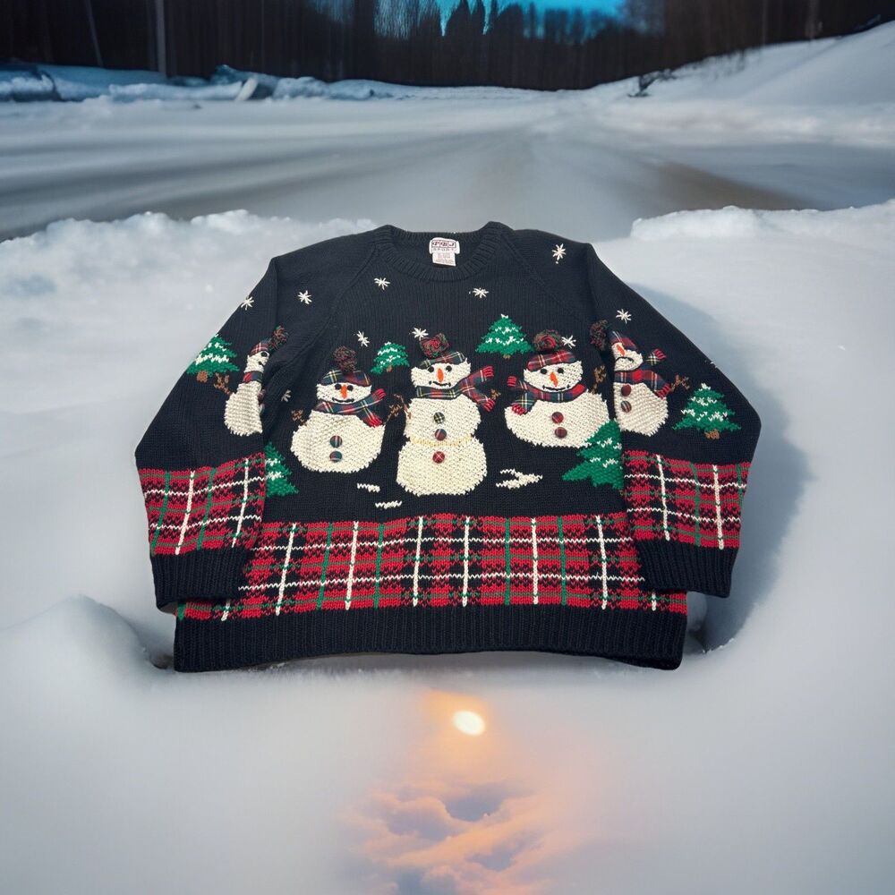 Vintage‎ PBJ Sport Pullover Snowman Sweater Women's Size L Black, Christmas